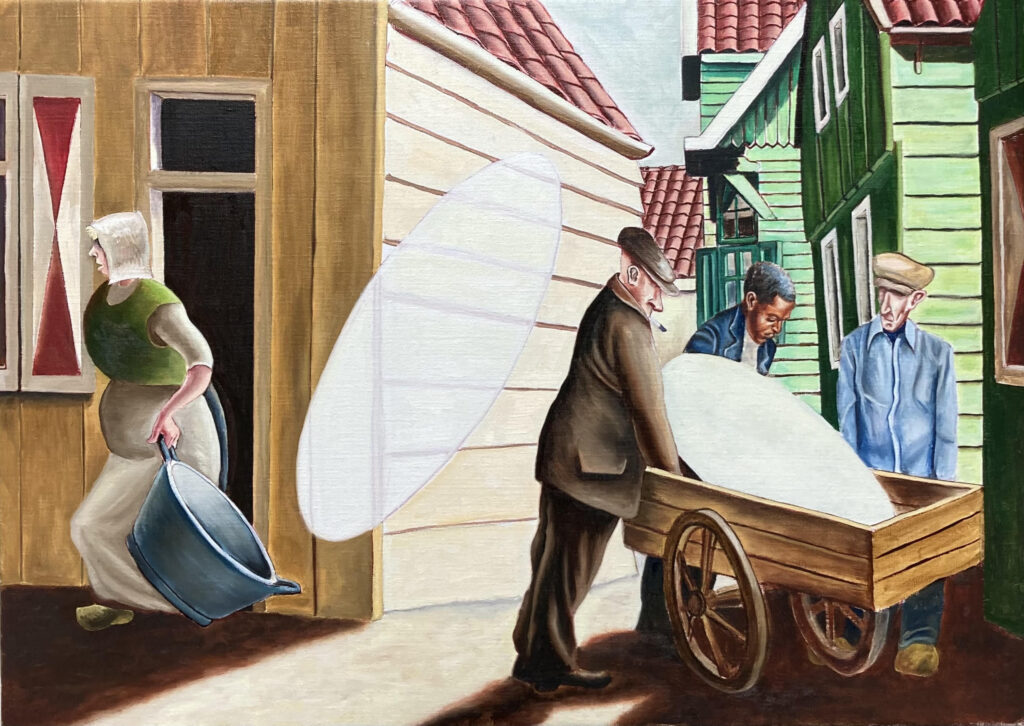 nterferentie I toont twee bewegingen die dezelfde ruimte delen maar elkaar niet verstaan: het herhaalde, lichamelijke gebaar tegenover het gestuurd licht. Waar zij elkaar raken, ontstaat geen harmonie, maar spanning – het langzaam binnendringen van het nieuwe in een gesloten wereld.