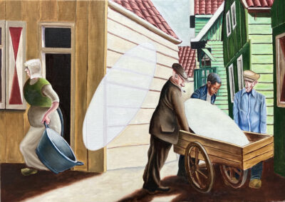 nterferentie I toont twee bewegingen die dezelfde ruimte delen maar elkaar niet verstaan: het herhaalde, lichamelijke gebaar tegenover het gestuurd licht. Waar zij elkaar raken, ontstaat geen harmonie, maar spanning – het langzaam binnendringen van het nieuwe in een gesloten wereld.